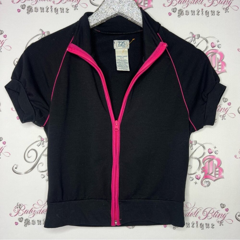 725 originals sweater tshirt zip up black pink y2k striped trim work out yoga - Picture 7 of 7